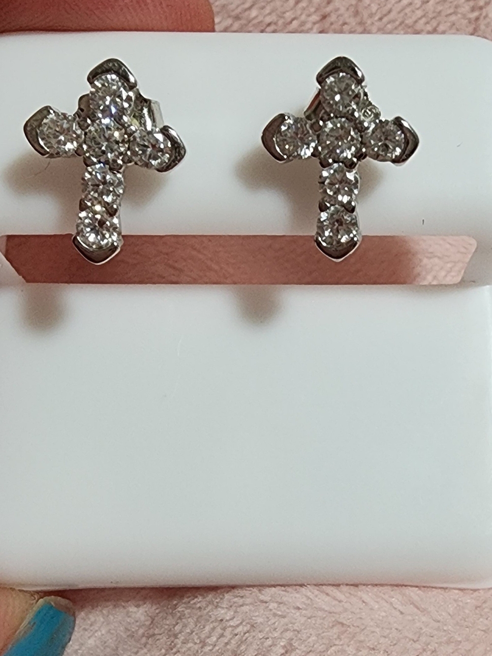 Moissanite Sparkling Crystal Cross Stud Earrings - Sterling Silver  Tone